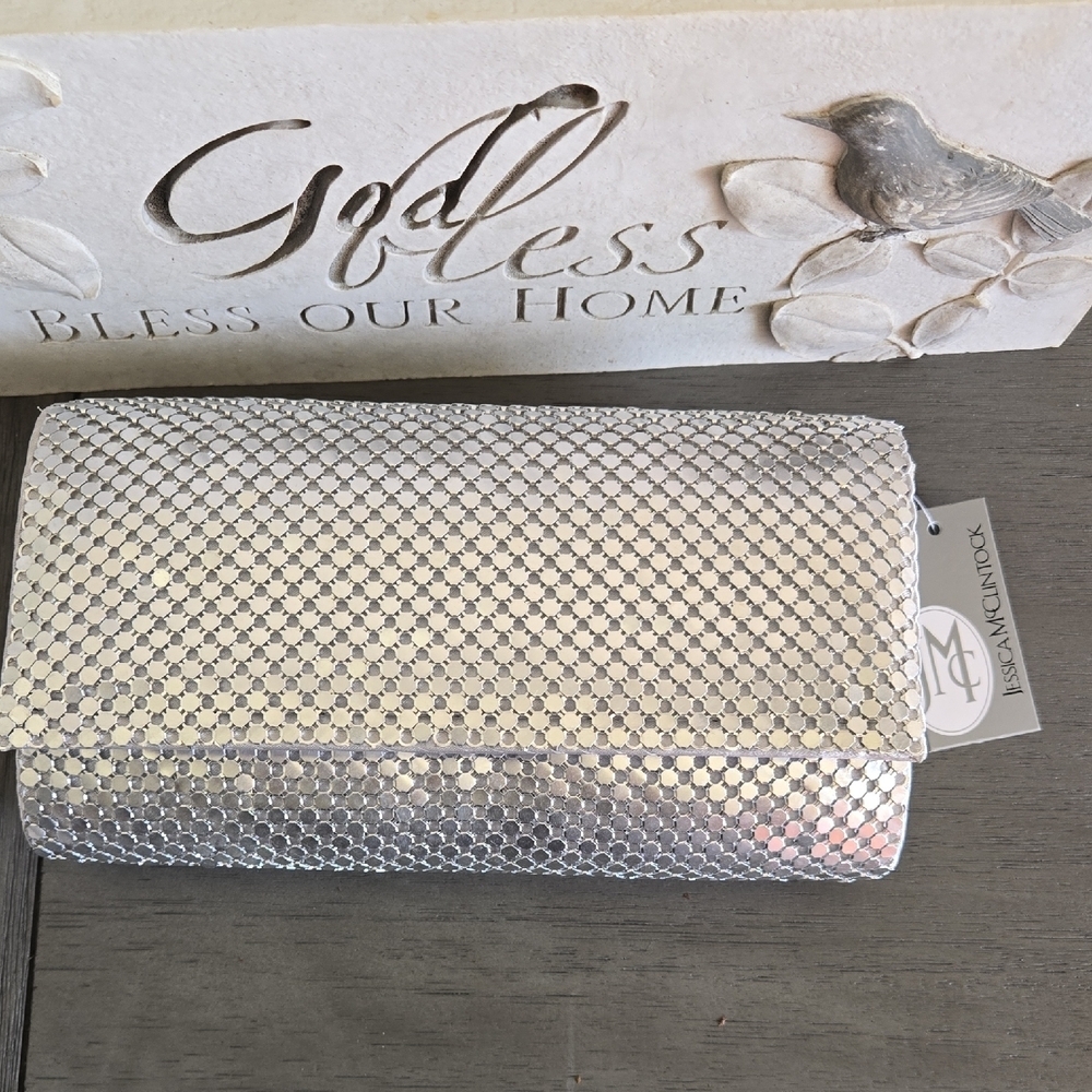 Jessica McClintock Mesh Roll Bag Crossbody Chain Silver